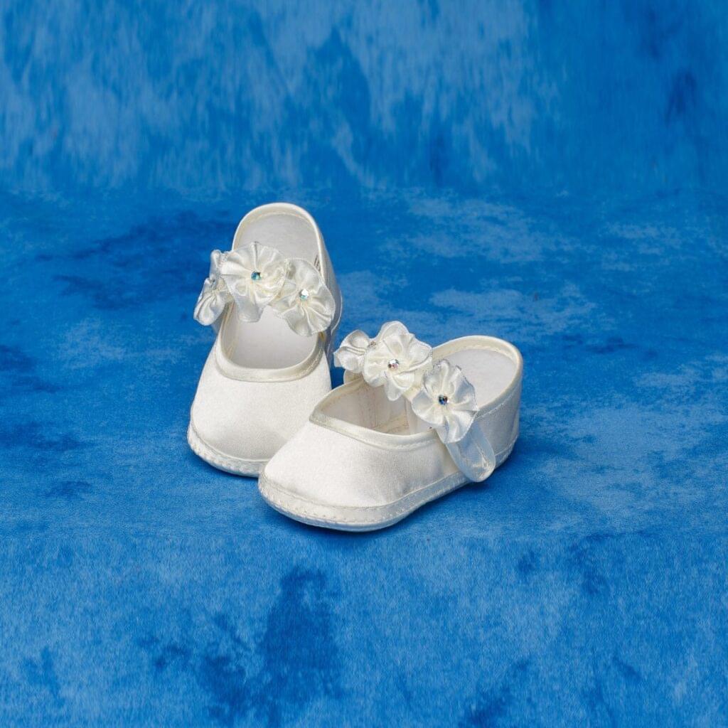 Baby Girl Ivory Christening Shoes Baptism Satin Bows Rhinestone Hearts Set 
