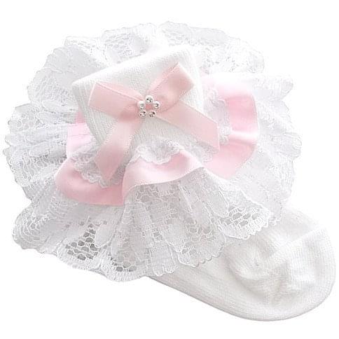 girls pink diamante lace socks