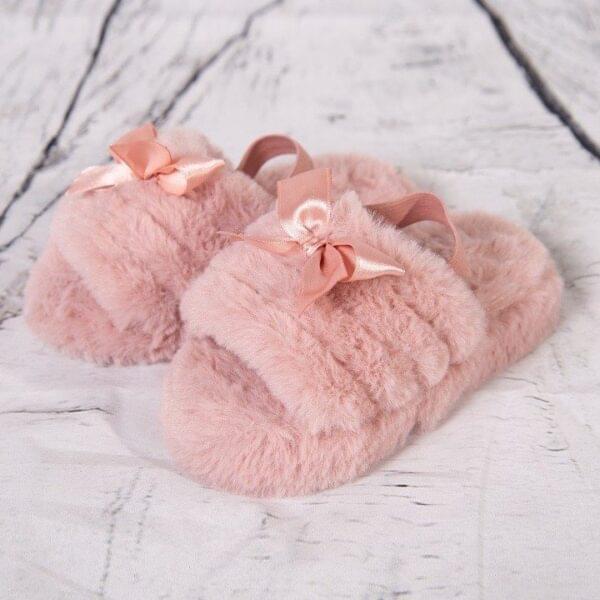 Pink Faux Fur Bow Slippers