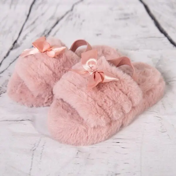 Pink Faux Fur Bow Slippers