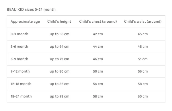 BeauKid Size Guide