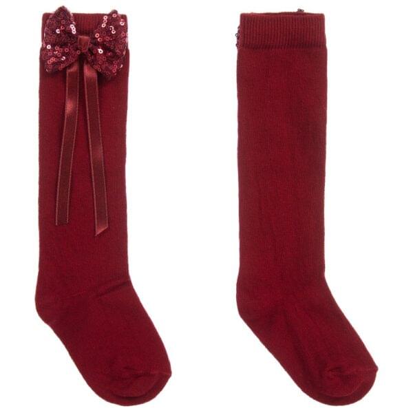 Dark Red Long Sequin Bow Socks