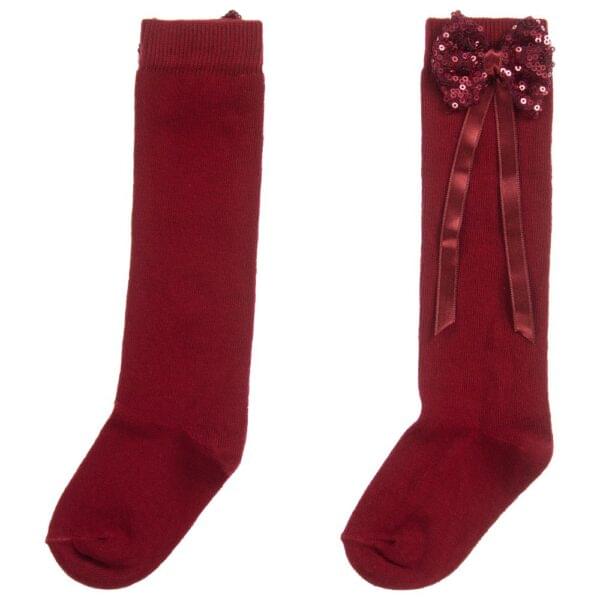 Dark Red Long Sequin Bow Socks