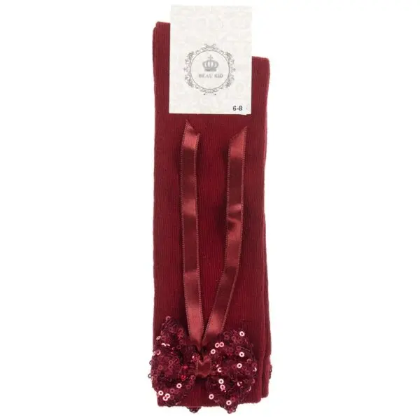 Dark Red Long Sequin Bow Socks