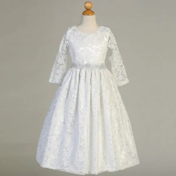 Lace Communion Dress with Silver Trim